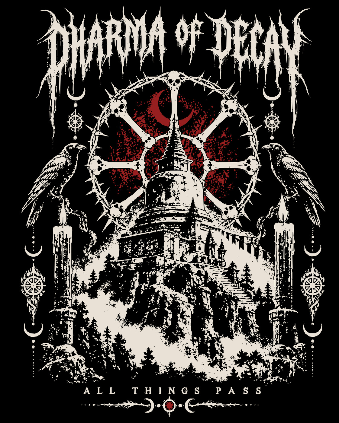 Black T-shirt mockup for Dharma of Decay, featuring a mountain stupa, ravens, candles, and red lunar accent.