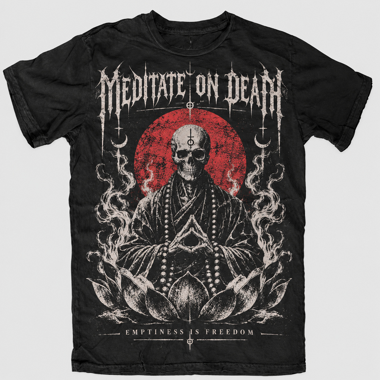 Black T-shirt mockup for Meditate on Death, featuring a skeletal monk, prayer beads, lotus petals, and red sun.